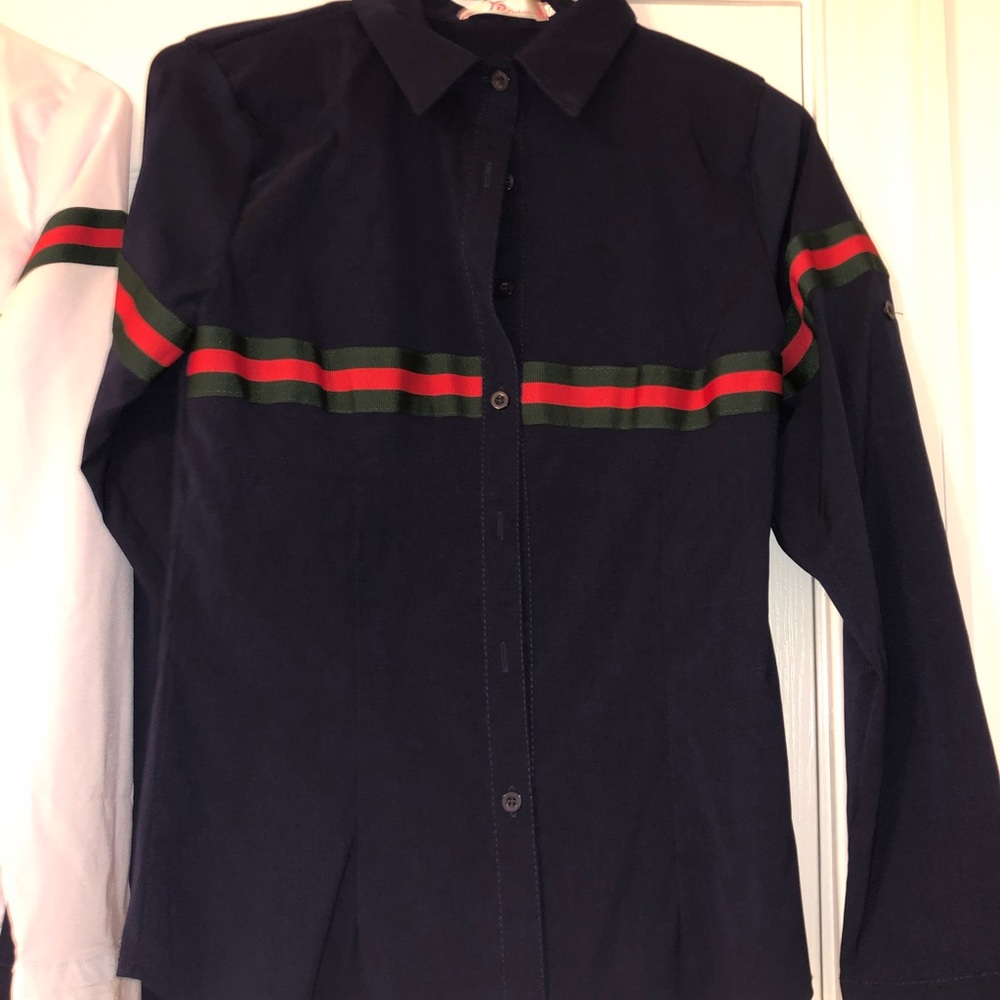 navy button up with green and red stripe